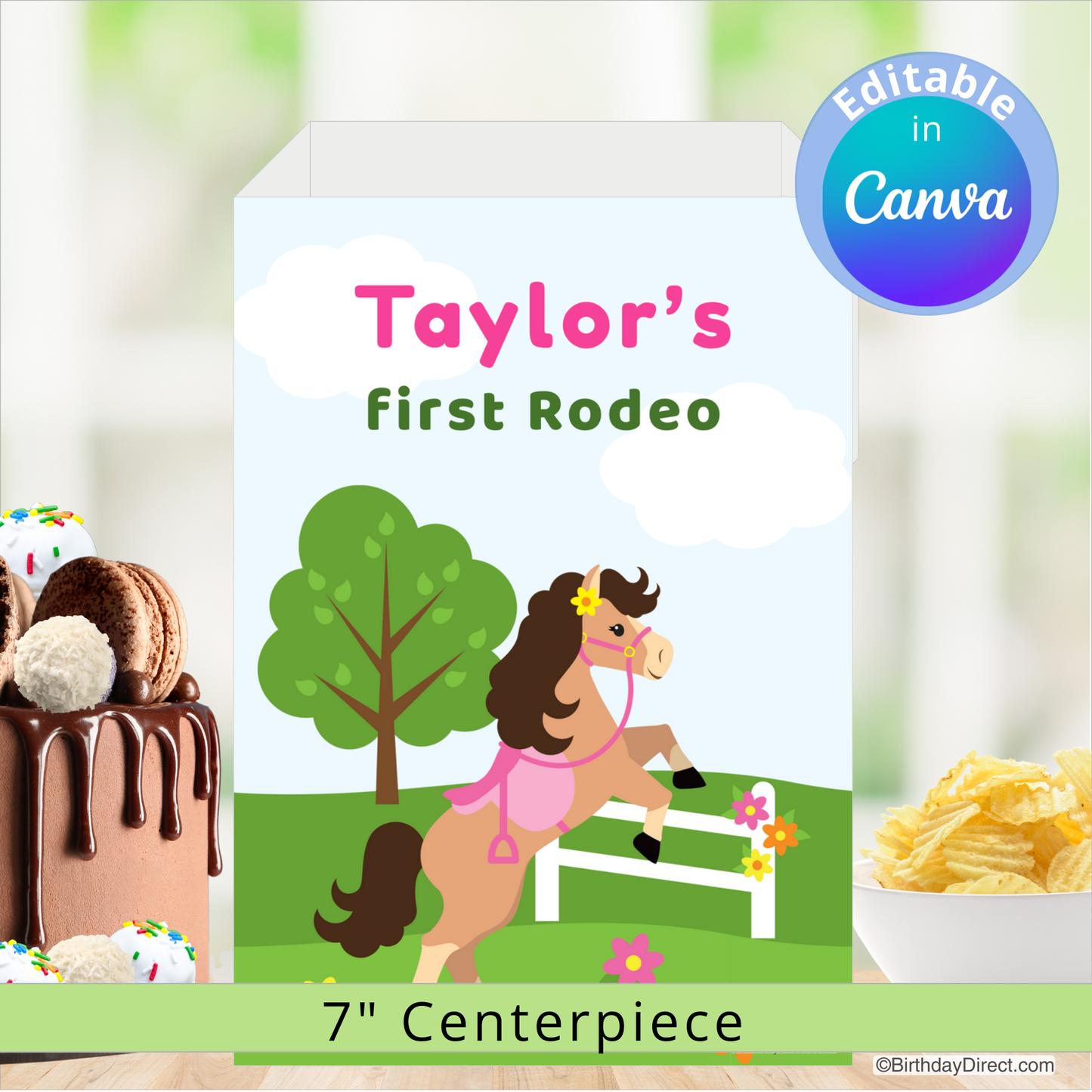 Personalized birthday centerpiece with horse design and editable text in Canva.