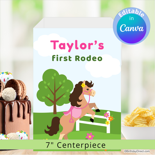 Personalized birthday centerpiece with horse design and editable text in Canva.