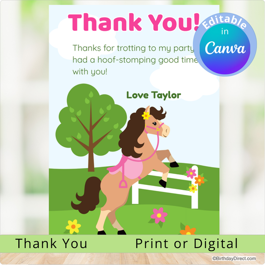 Thank you card with a horse design, text, and Canva editability badge.