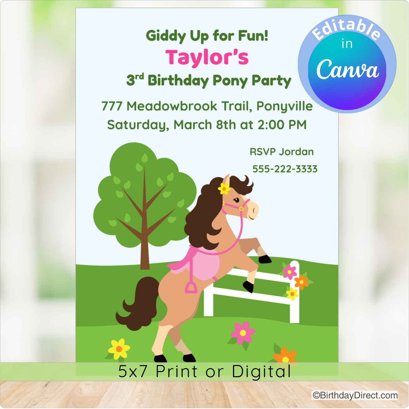 Birthday party invitation with a horse and tree design, featuring editable text in Canva.