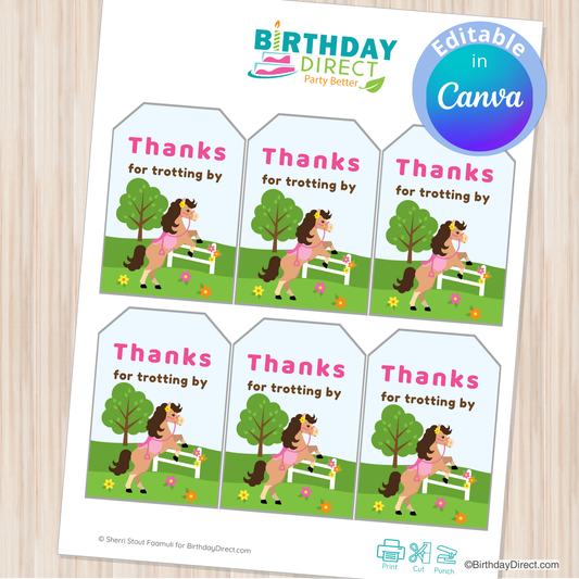 Sheet of 'Thanks for trotting by' tags with horse illustration, branded 'Birthday Direct', on a wooden surface.