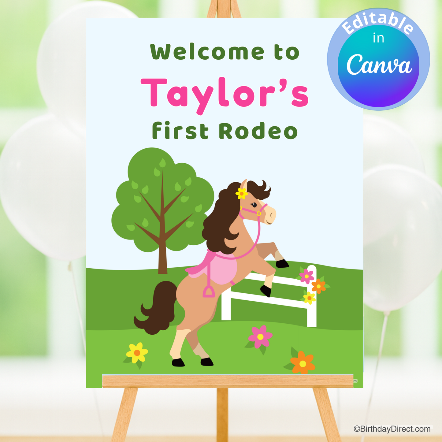 Children's party poster with a horse and text 'Welcome to Taylor's First Rodeo' on a white background.