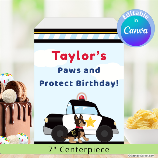 Birthday centerpiece with police car and dog design, featuring 'Taylor's Paws and Protect Birthday!' text.