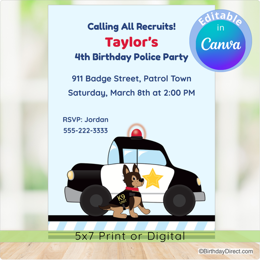 Birthday party invitation with police car and dog graphic, featuring Canva branding.