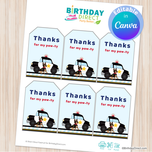 Sheet of 'Thanks for my paw-ty' labels with police car and dog design, branded by Birthday Direct.