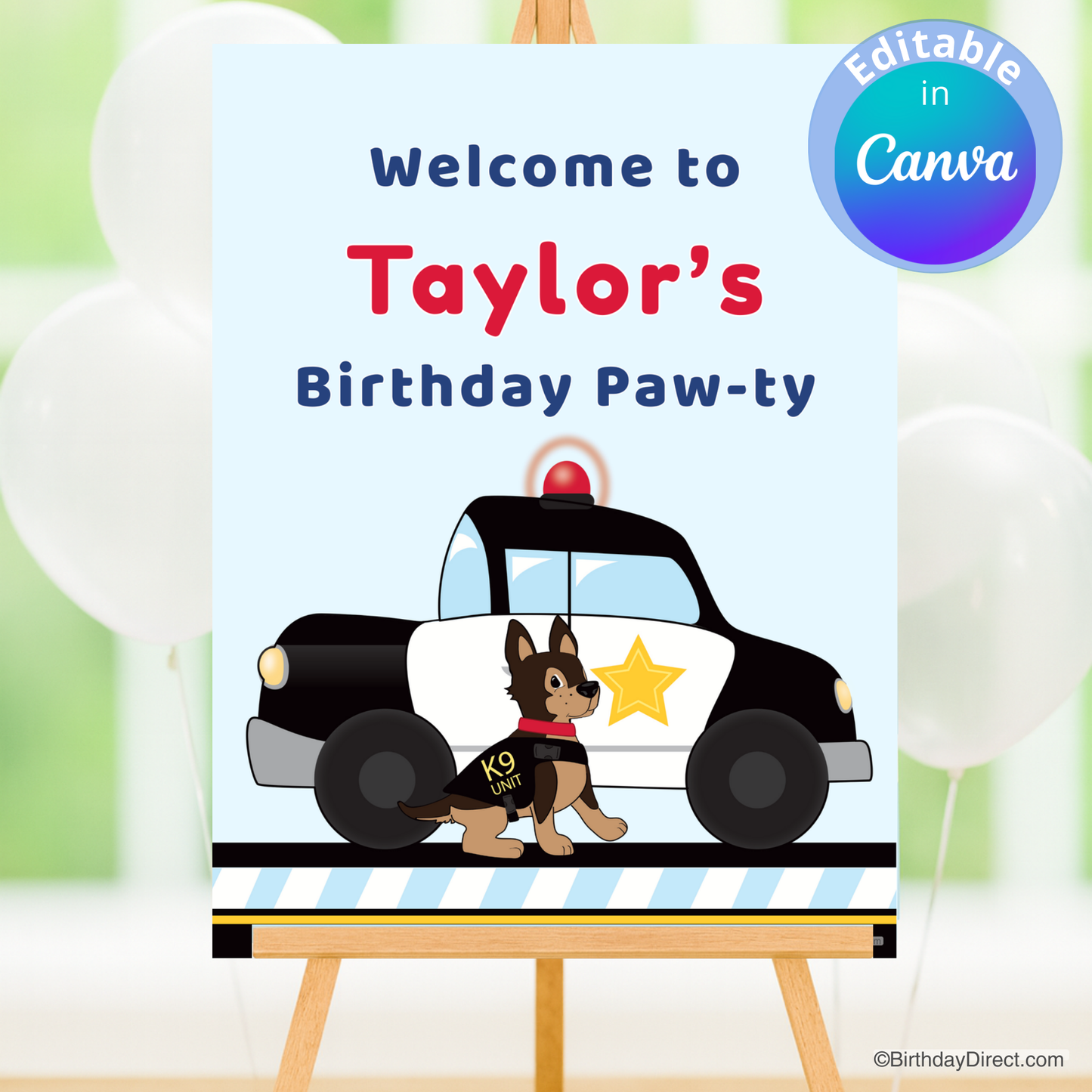 Birthday party poster with a colorful police car and a dog on a white background