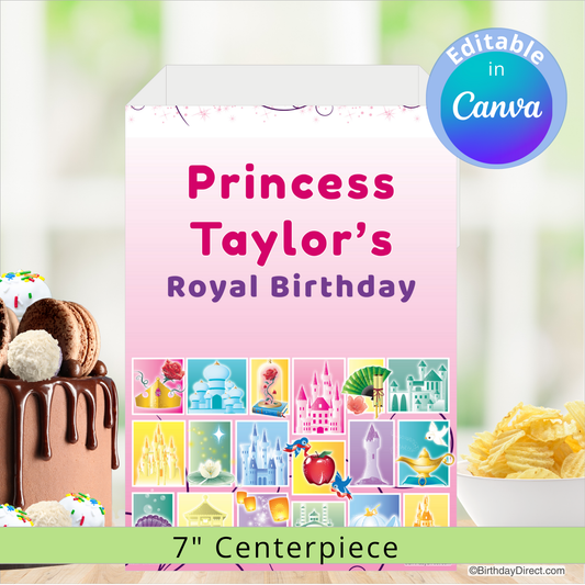 Princess-themed birthday centerpiece with editable text in Canva, surrounded by cake and chips.