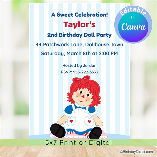 Birthday party invitation with a doll on a striped background, featuring text for a doll-themed party.