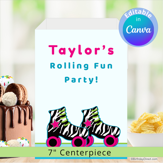 Party centerpiece with zebra-patterned roller skates and text 'Taylor's Rolling Fun Party!' on a blurred background of snacks and a cake.