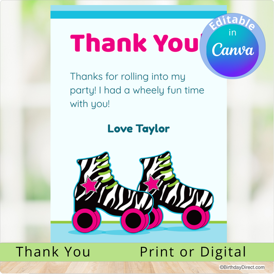 Thank you card with zebra-striped roller skates and editable text feature.