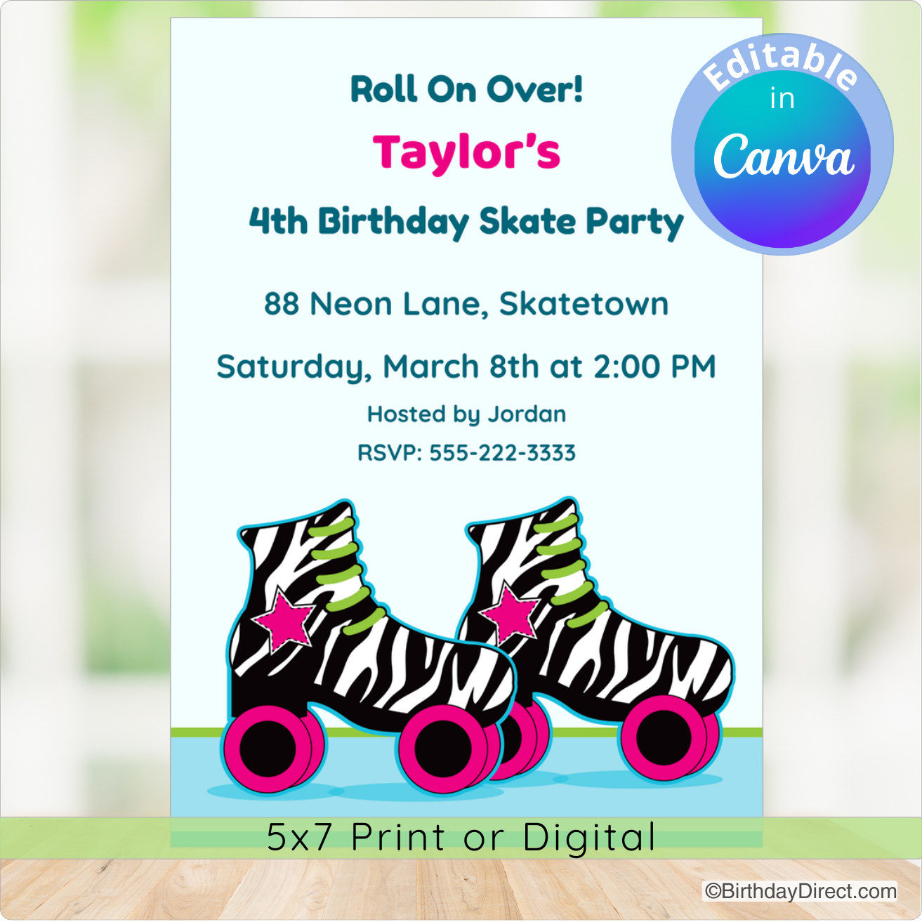 Birthday party invitation with zebra-striped roller skates on a white background