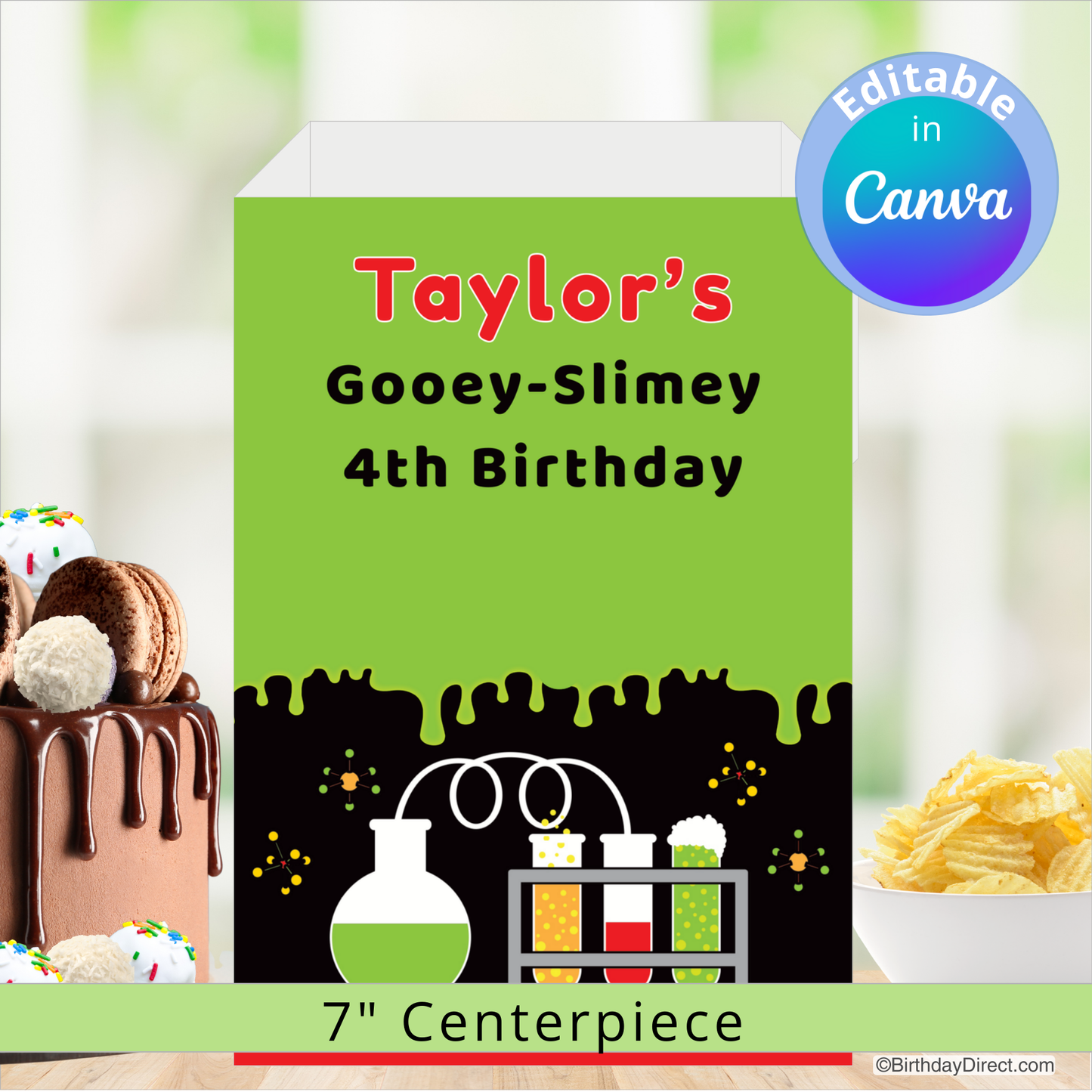 Birthday party centerpiece with text 'Taylor's Gooey-Slimey 4th Birthday' and images of a cake and snacks.