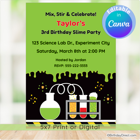Birthday invitation for a slime party with scientific theme and editable text feature.