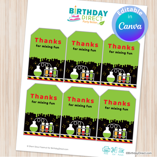 Sheet of green labels with text and science-themed graphics on a white background