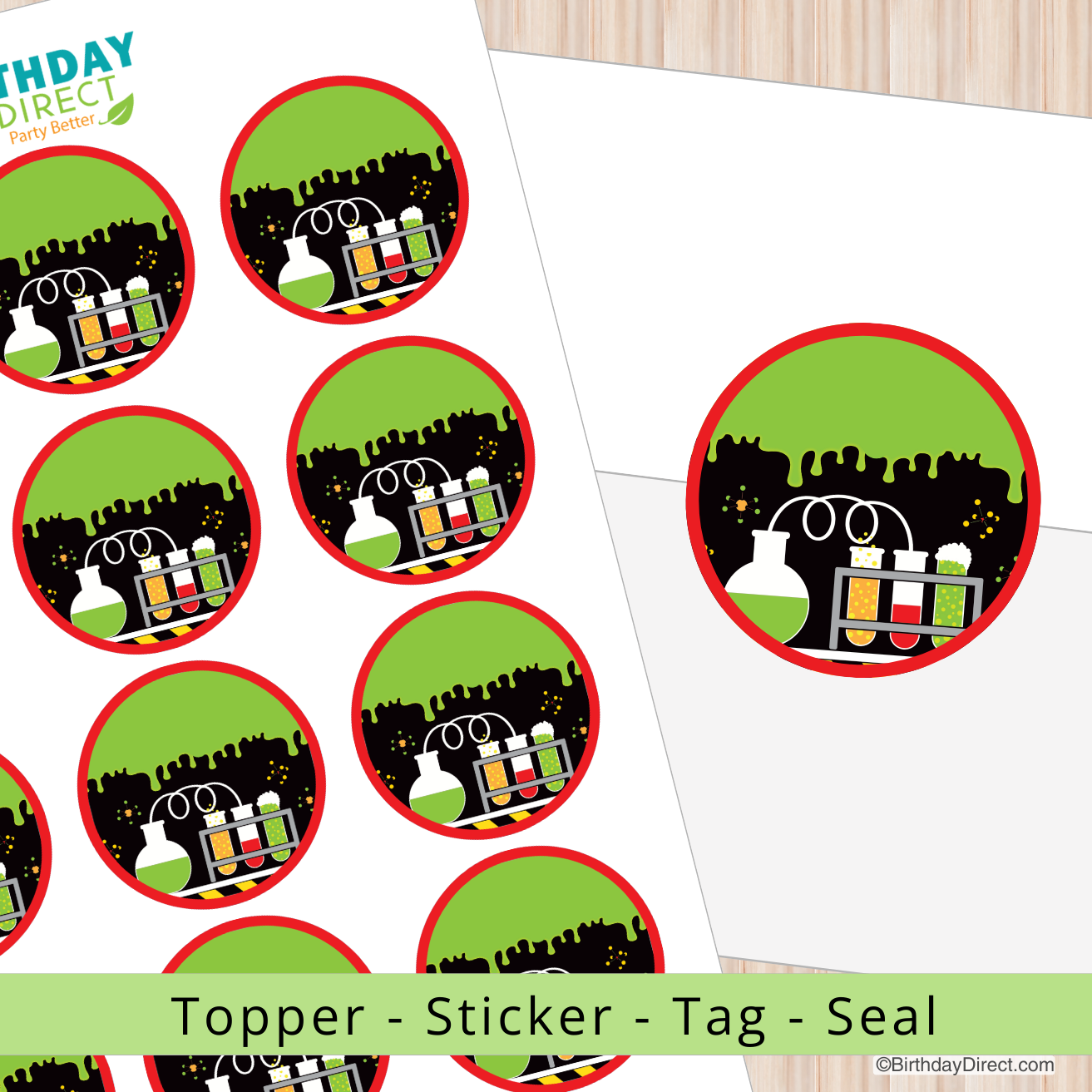 Science-themed stickers with green borders on a white background, featuring 'Birthday Direct' branding.