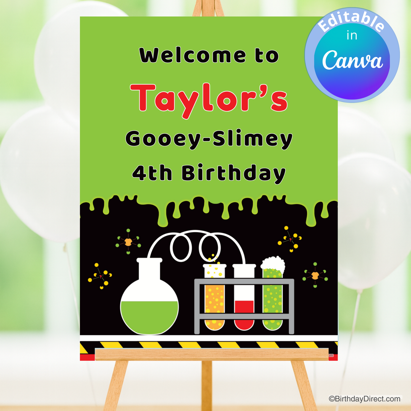 Birthday party poster with text 'Welcome to Taylor's Gooey-Slimey 4th Birthday' on a green background.