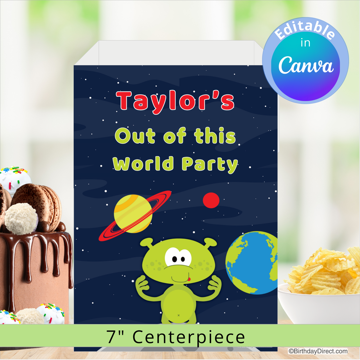 Party centerpiece with alien design and text 'Taylor's Out of this World Party' on a starry night background.
