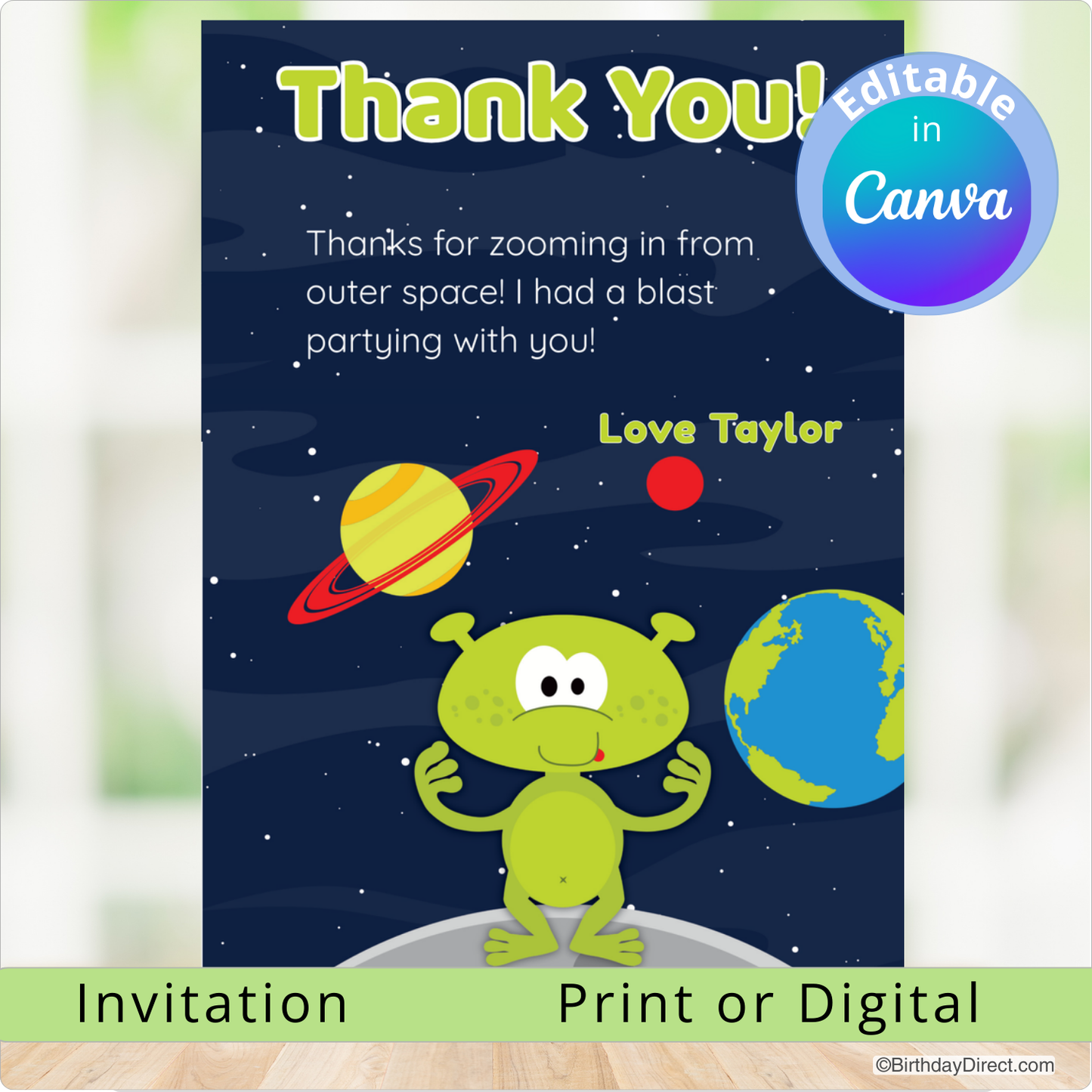 Invitation card with alien character, planets, and space theme, featuring text 'Thank You!'.