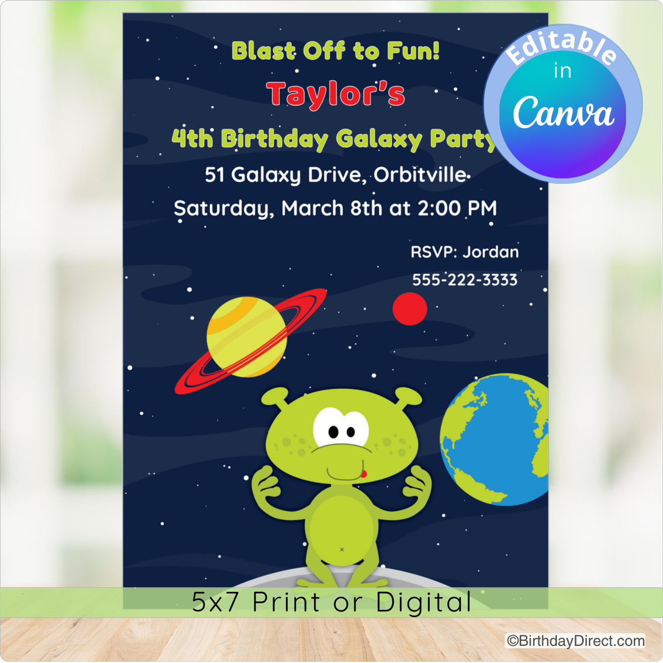 Space-themed birthday party invitation with alien, planets, and text on a dark blue background.