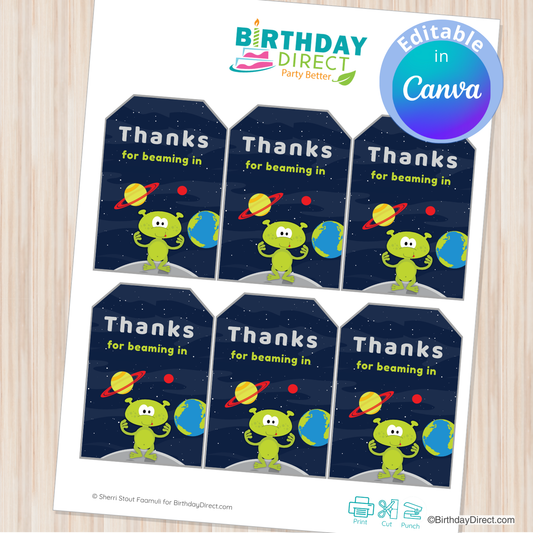 Sheet of 'Thanks for beamin' in' stickers with space-themed design on a wooden surface
