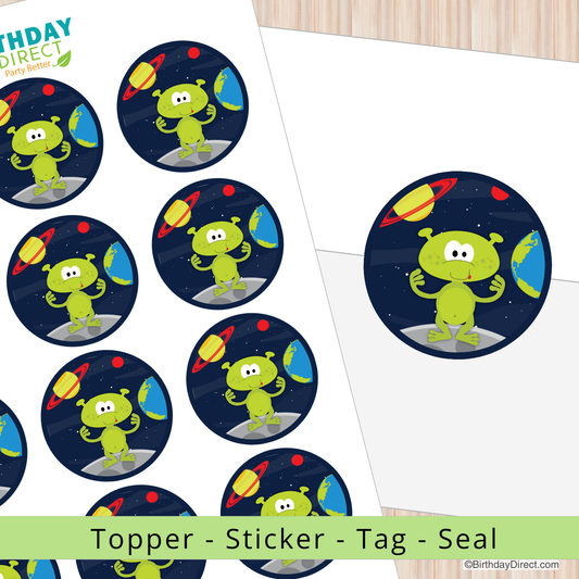 Alien-themed stickers on a white background with 'Birthday Direct' branding.