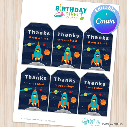 Space-themed thank you tags with rocket ships and planets, branded by Birthday Direct.
