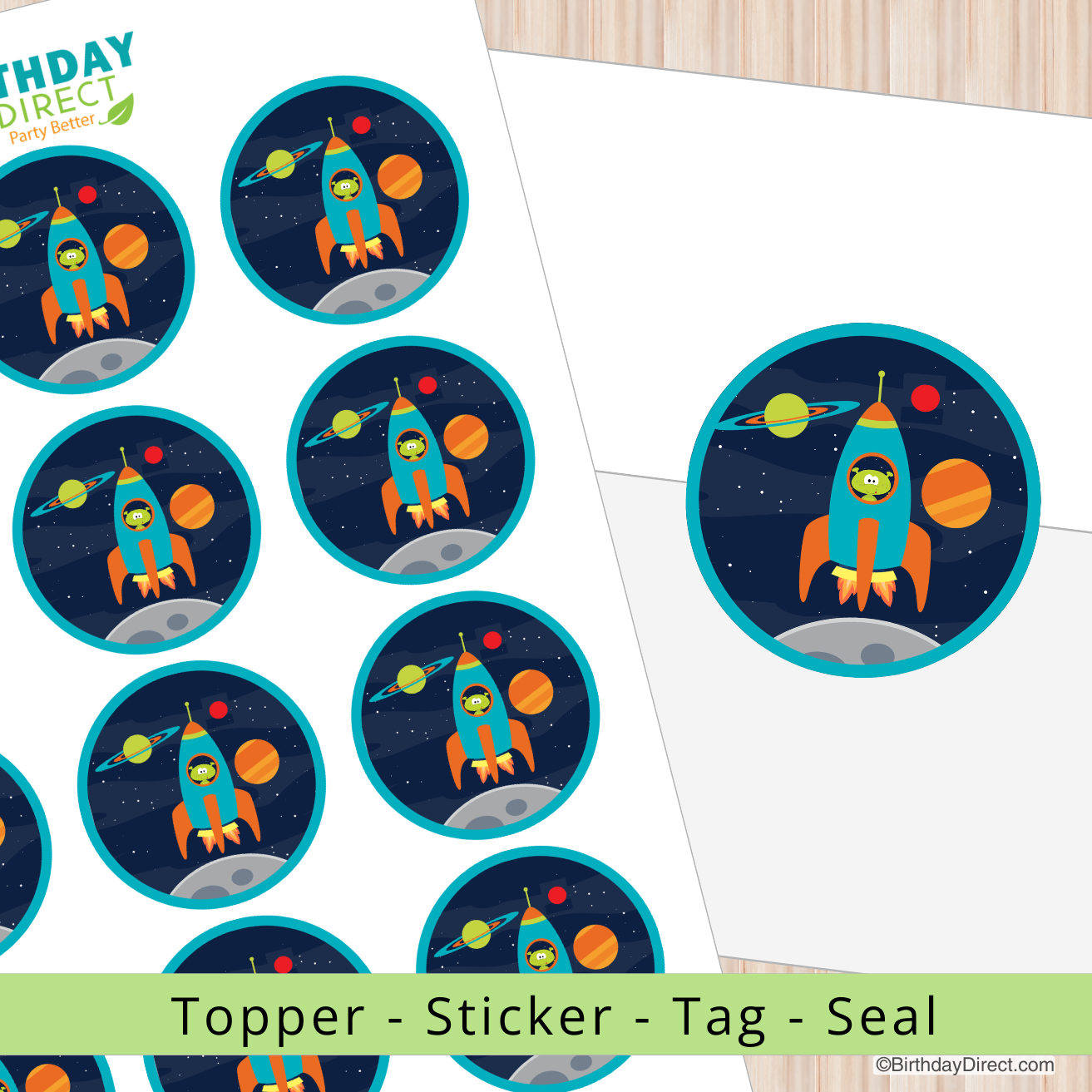 Space-themed stickers with astronauts and rockets on a white background, branded 'Birthday Direct'.