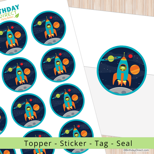 Space-themed stickers with astronauts and rockets on a white background, branded 'Birthday Direct'.