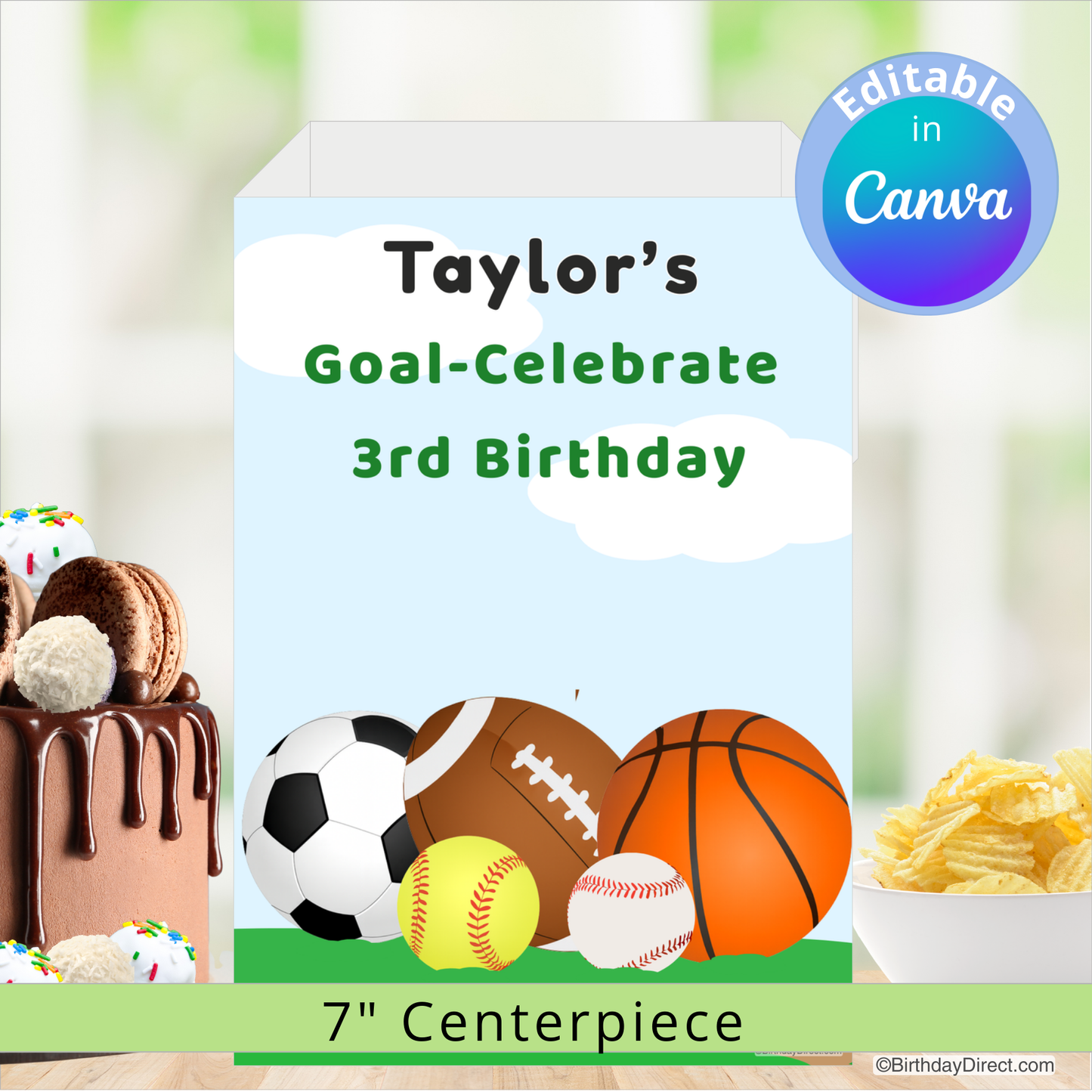 Birthday centerpiece with sports-themed items and text 'Taylor's Goal-Celebrate 3rd Birthday' on a blurred background.