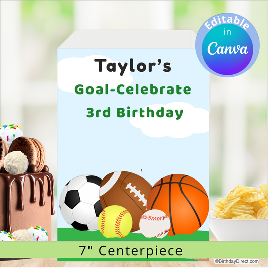 Birthday centerpiece with sports-themed items and text 'Taylor's Goal-Celebrate 3rd Birthday' on a blurred background.