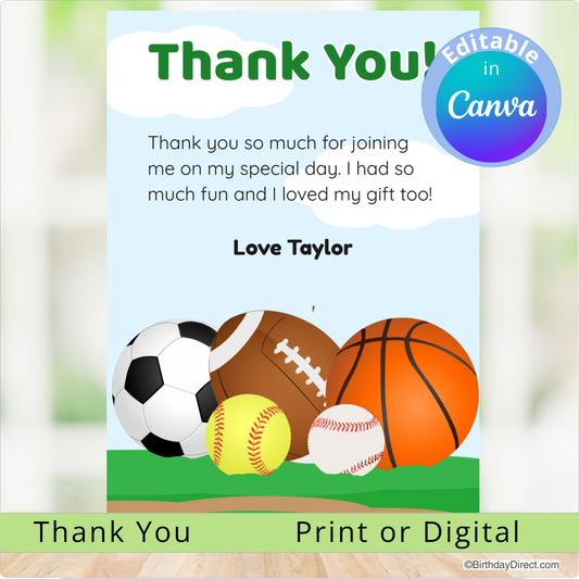 Thank you card with sports balls and editable text feature on a grassy field background.