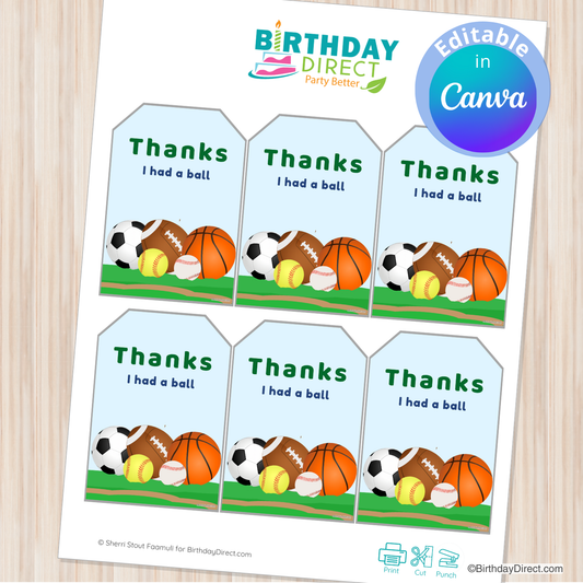 Sheet of 'Thanks I had a ball' tags with sports-themed illustrations on a wooden surface.