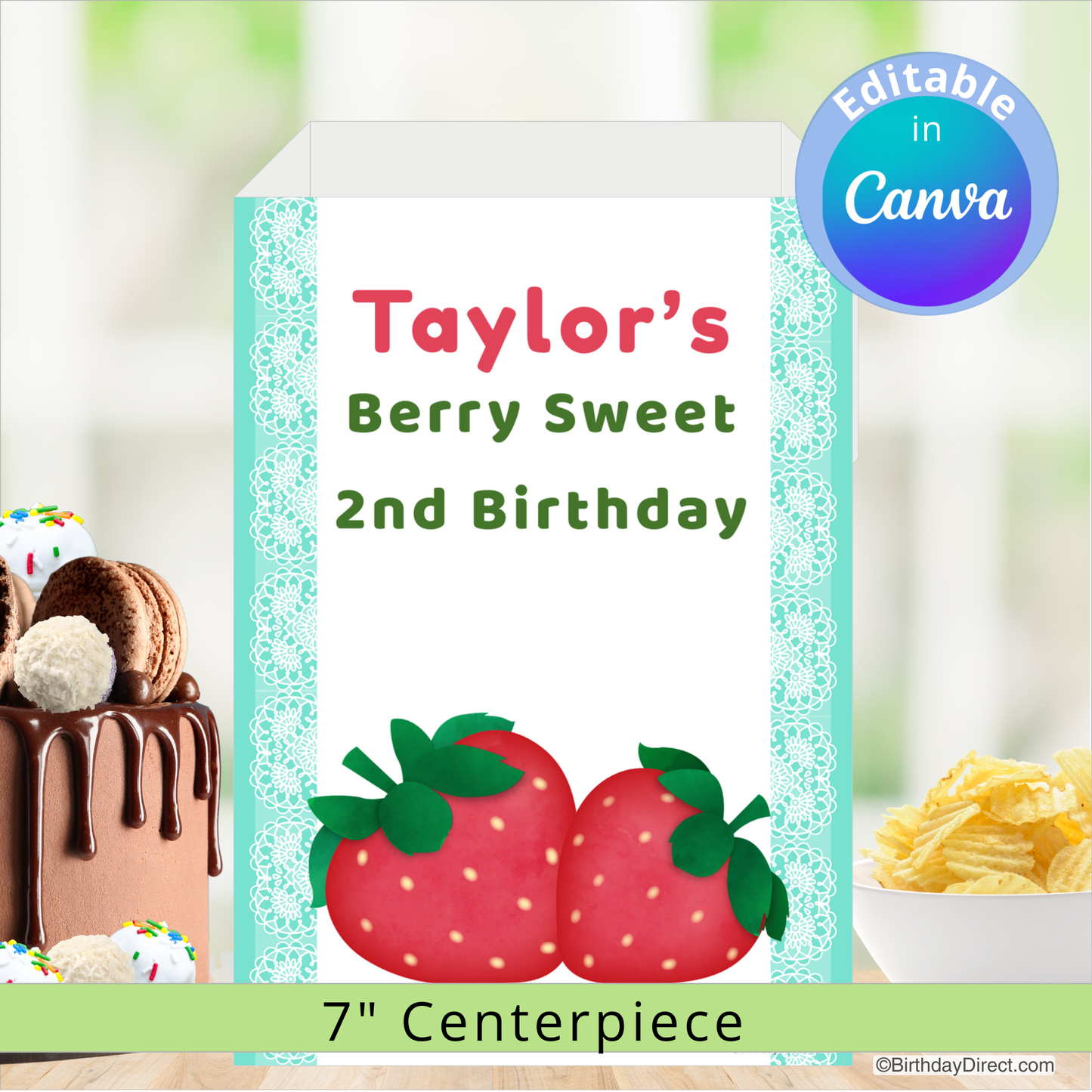 Berry-themed birthday party centerpiece with text 'Taylor's Berry Sweet 2nd Birthday' and '7" Centerpiece'.