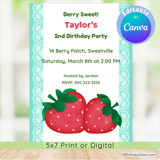Little Strawberry Birthday Invitation – Editable 5x7 Canva Template