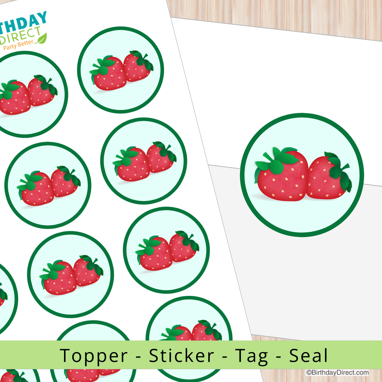 Strawberry-themed topper, sticker, tag, and seal with 'Birthday Direct' branding on a white background.
