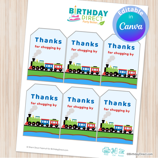 Sheet of train-themed thank you cards with 'Birthday Direct' branding on a wooden surface.