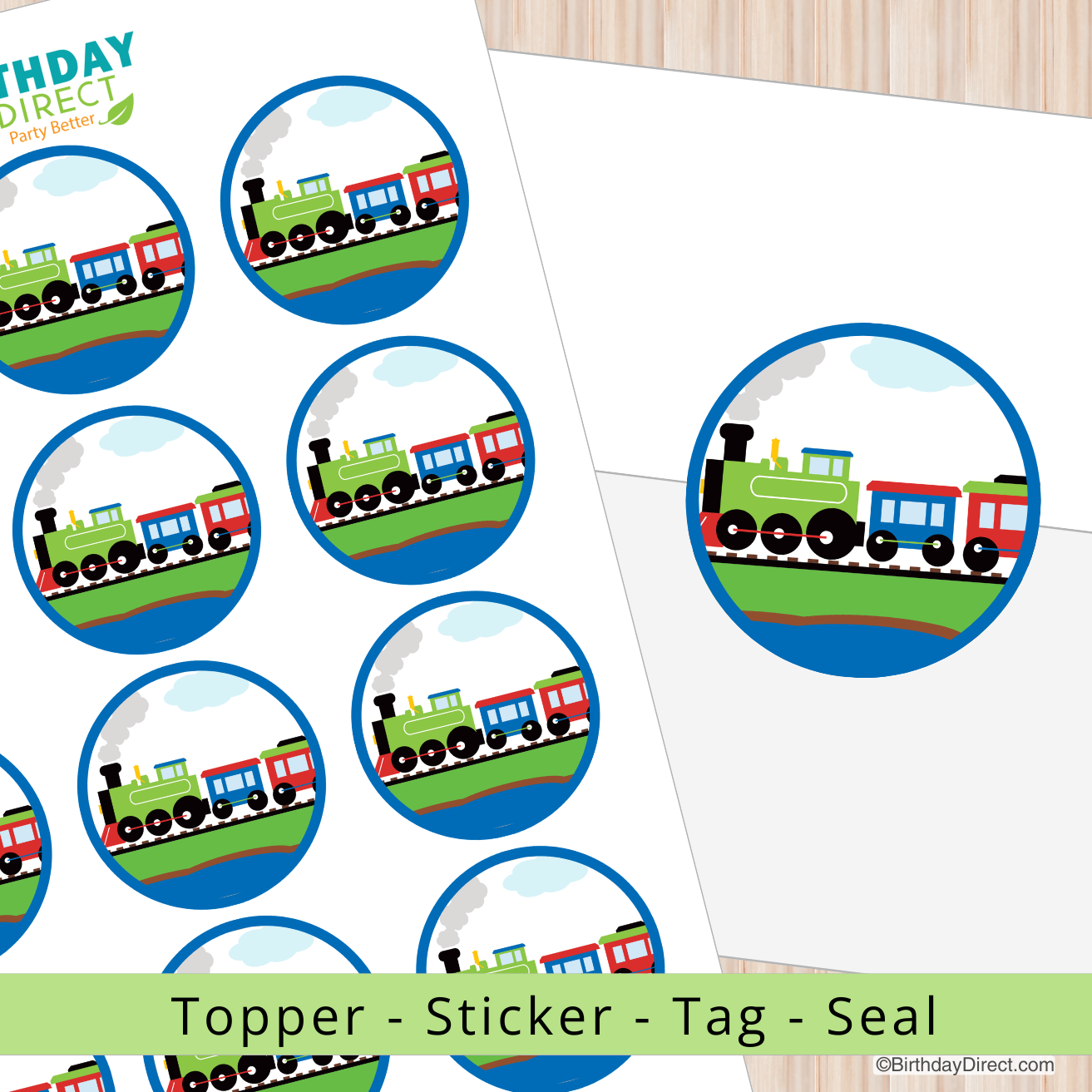 Colorful train-themed stickers on a white background with 'Birthday Direct' branding.