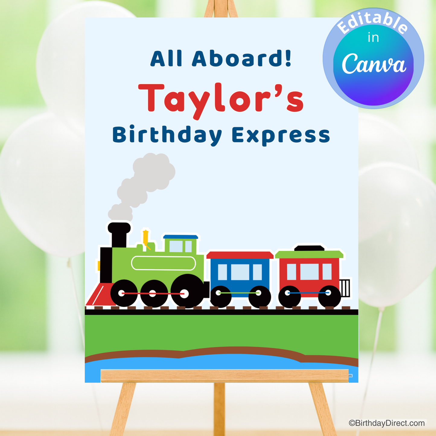 Children's birthday party poster with a colorful train design on a white background.