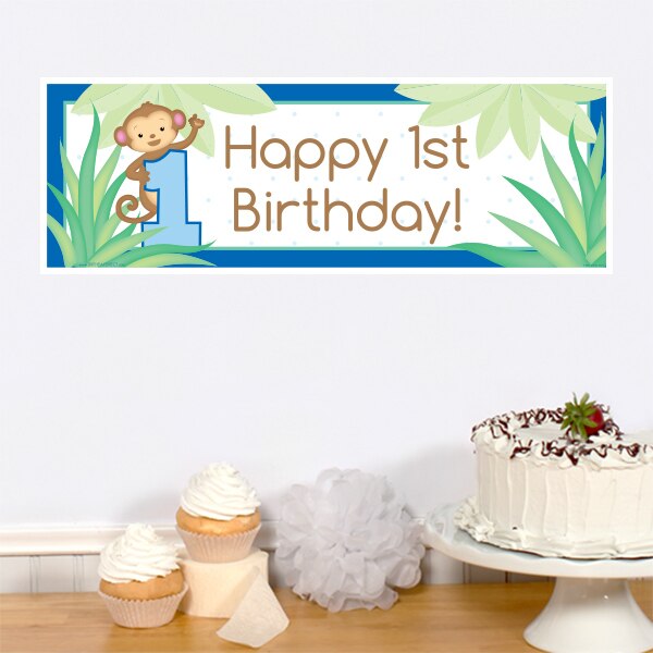 Little Monkey Blue 1st Birthday Tiny Banner, 8.5x11 Printable PDF Digital Download by Birthday Direct
