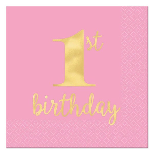 Premium Pink 1st Birthday Hot-Stamp Beverage Napkins, 5 inch fold, set of 16