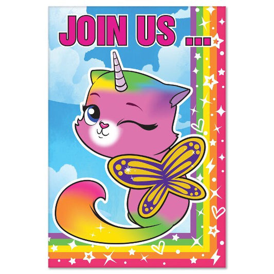 Rainbow Butterfly Unicorn Kitty Invitations, Fill In with Envelopes, 6.25 x 4.25 in, 8 ct