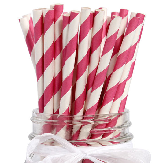Straws, Magenta Striped eco-friendly Paper, 7.75 inch, set of 24