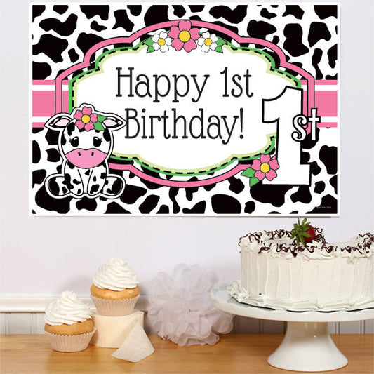 Little Cow Pink 1st Birthday Sign, 8.5x11 Printable PDF Digital Download by Birthday Direct