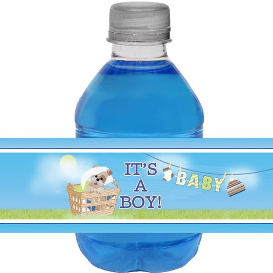 Birthday Direct's Clothesline Puppy Baby Shower Blue Water Bottle Labels