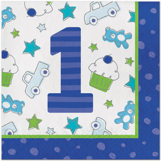 Doodle 1st Birthday Blue Lunch Napkins, 6.5 inch fold, set of 16