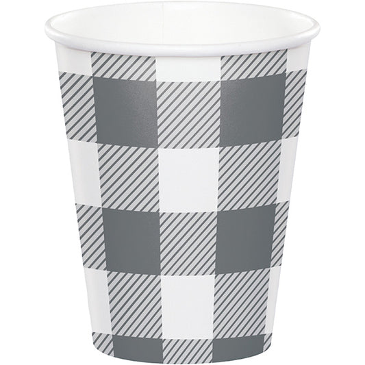 Gray and White Plaid Checkered Cups, 9 oz, 8 ct