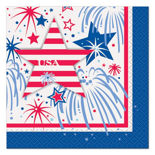 USA Fireworks Beverage Napkins, 5 inch fold, set of 16