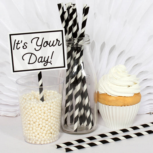 Midnight Black with White Stripe Party eco-friendly Paper, 7.75 inch, set of 24