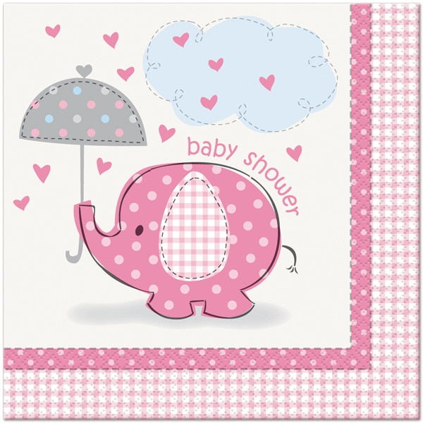 Elephant Baby Shower Pink Lunch Napkins, 6.5 inch fold, set of 16