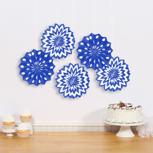 Blue Printed Paper Fans, 8 inch, 5 count